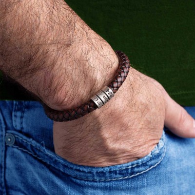 Personalised Mens Leather Beads Bracelet Engraved with Kids Name Gifts For Him Father's Day Gift Ideas