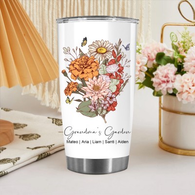 Personalised Grandma's Garden Birth Flower Bouquet Tumbler With Grandkids Names Gift For Grandma Mum Mother's Day Gift