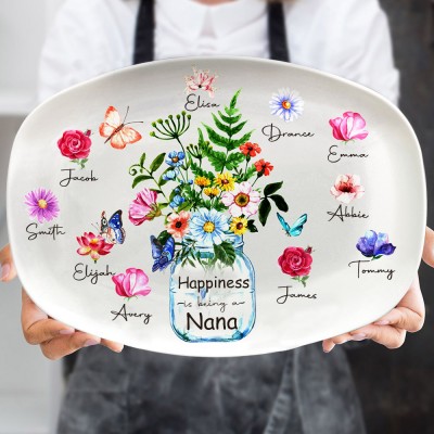 Personalised Happiness Is Being A Nana Birth Month Flower Platter with Kids Names Love Gift Ideas for Grandma Mum