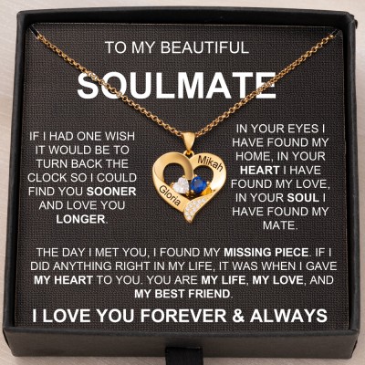 Personalised To My Soulmate Heart Necklace With 2 Names and Birthstones Gifts For Anniversary Valentine's Day