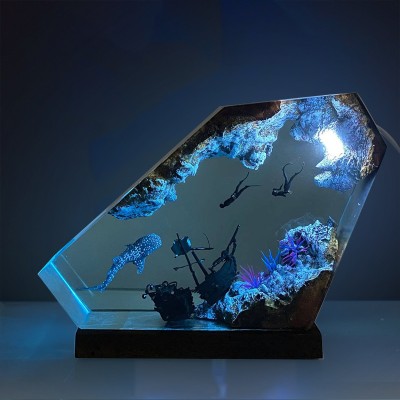 Whale shark and Couple Diver Night Light Epoxy Resin Wood Lamp