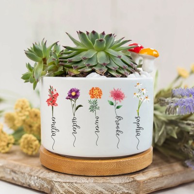 Personalised Outdoor Birth Month Flower Plant Pot with Children's Names Gift For Mum Grandma