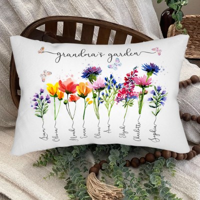Custom Grandma's Garden Birth Month Flower Pillow Engraved with Names Love Gift Ideas for Grandma Mum