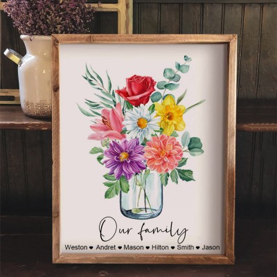 Personalised Family Birth Month Flower Bouquet Art Print with Kids Names Gift Ideas for Mum Grandma