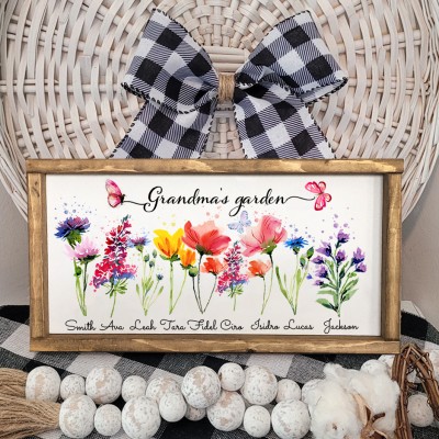 Grandma's Garden Personalised Birth Flower Wood Frame with Grandkids Names Unique Gifts for Grandma Mum
