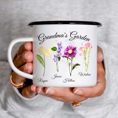 Personalised Grandma's Garden Coffee Mug with Grandkids Names Birth Flower Camp Mug Gifts for Mum Grandma Christmas Gifts