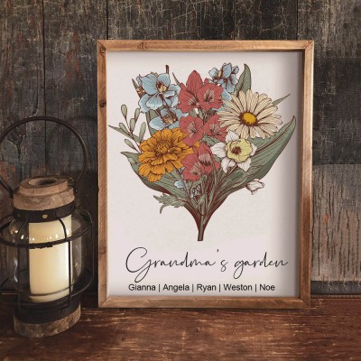 Personalised Grandma's Garden Birth Flower Bouquet Frame With Grandkids Names Gift For Nana Mum Mother's Day Gift Ideas