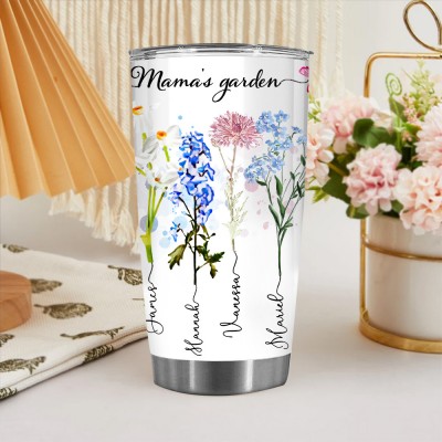 Mama's Garden Tumbler with Birth Month Flower Designs and Kids Names Personalised Gifts for Mum Grandma Christmas Gift Ideas