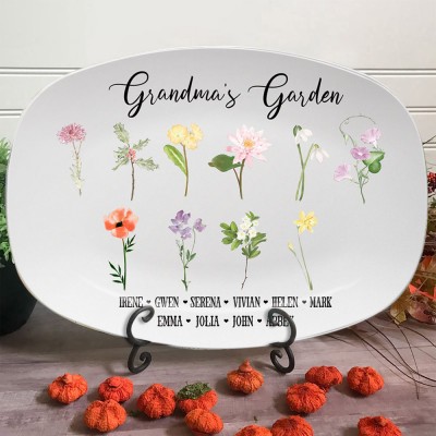 Personalised Grandma's Garden Birth Month Flower Platter with Grandchildren's Names Gift for Grandma, Mum