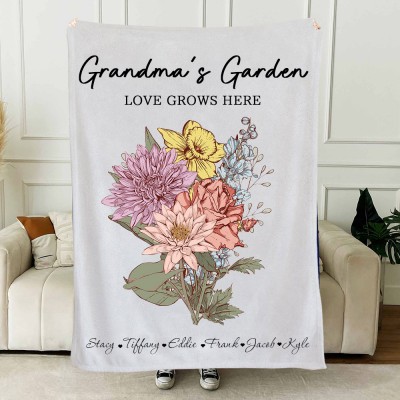 Personalised Grandma's Garden Birth Flower Bouquet Blanket Family Gifts For Mum Grandma Mother's Day Gift
