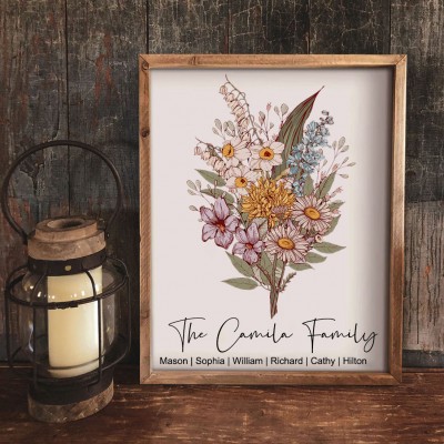 Personalised Family Birth Month Flower Bouquet Frame with Kids Names Christmas Gifts for Mum Grandma