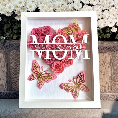 Personalised Mum Heart Shaped Monogram Flower Shadow Box with Kids Names Butterfly Shadow Box Love Gift Ideas for Mum Grandma