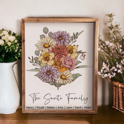 Custom Family Birth Flower Bouquet Wooden Frame With Names Mother's Day Gift Ideas Keepsake Gift For Nana Mum