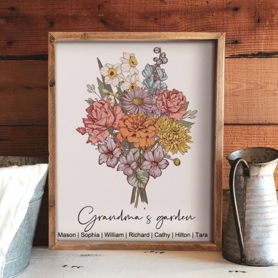 Personalised Grandma's Garden Birth Flower Bouquet Art Print Frame Gifts for Mum Grandma Christmas Gifts