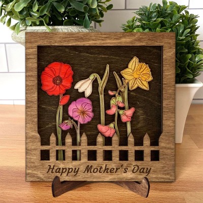 Personalised Birth Flower Wooden Frame Mother's Day Gifts Keepsake Gifts for Grandma Mum