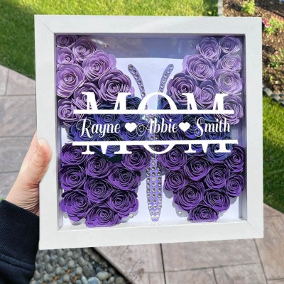 Personalised Butterfly Mum Monogram Flower Shadow Box with Kid Names Gift for Mum Grandma