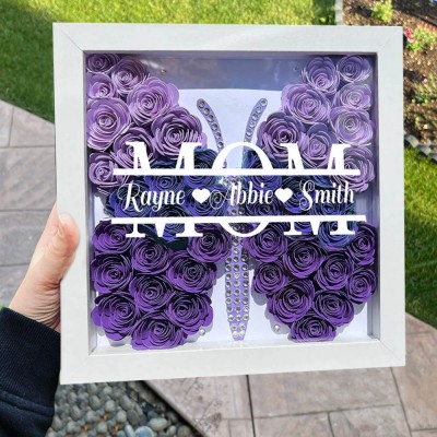 Personalised Butterfly Mum Monogram Flower Shadow Box with Kid Names Gift for Mum Grandma