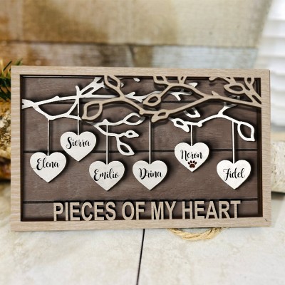 Personalised Family Tree Wooden Sign Hanging Heart Name Frame Gift for Grandparents from Grandkids Love Gift for Mum