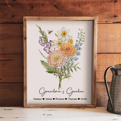 Personalised Grandma's Garden Birth Flower Bouquet Print Art Gift Ideas for Grandma Mum Christmas Gifts