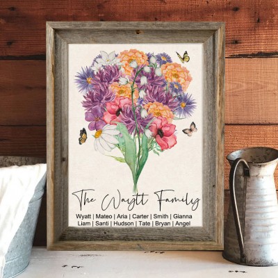 Custom Family Garden Wooden Frame With Birth Flower Bouquet Keepsake Gift for Grandma Mum Mother's Day Gift Ideas