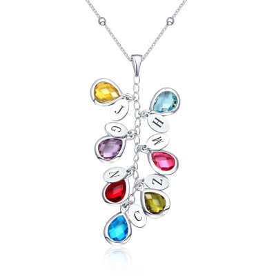 925 Sterling Silver Personalised Birthstone Drop Necklace for Her With 1-8 Pendants