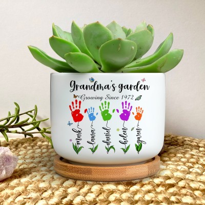 Personalised Grandma's Garden Handprint Mini Succulent Plant Outdoor Pots with Kids Names Gifts For Mum Grandma