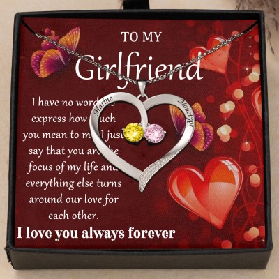To My Girlfriend Heart Shaped Birthstone Necklace with Names Gifts for Girlfriend Valentine's Day Gifts