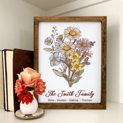 Personalised Art Print Family Birth Flower Bouquet Frame With Kids Names Unique Keepsake Family Gift For Mum Grandma