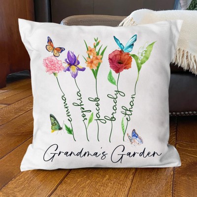 Personalised Birth Flower Throw Pillow Grandma's Garden Decorative Pillow Grandparents Gift from Grandkids Love Gifts for Mum
