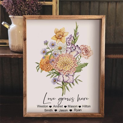 Custom Family Birth Month Flowers Bouquet Wood Sign Gifts for Mum Family Keepsake Gifts Birthday Gifts for Grandma from Grandkids