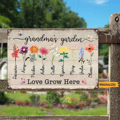 Personalised Birth Month Flower Grandma's Garden Sign with Grandkids Name Gift for Grandma Mum Wife Her