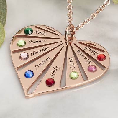 Personalised Heart Shape Designs Engraved 1-8 Birthstones Necklace Christmas Gift for Mum