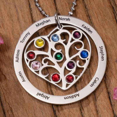 18k Gold Plating Custom Heart Shaped Tree of Life Family Necklace With 1-10 Kids Names And Birthstones Unique Birthday Gift For Mum Grandma Perfect Mother's Day Gift Ideas