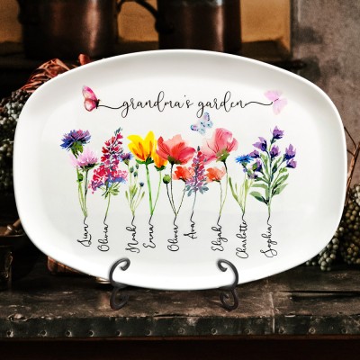 Custom Grandma's Garden Birth Flower Platter With Grandkids Names Unique Gift for Grandma Mum 