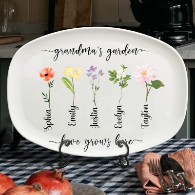 Personalised Grandma's Garden Birth Month Flowers Platter with Grandkids Names Gift for Grandma New Mum Gift 