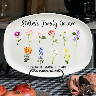 Personalised Family Garden Birth Month Flower Platter with Engraved Names Love Gift for Grandma
