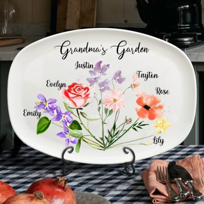 Custom Family Birth Month Flower Bouquet Platter With Family Names Gift for Grandma Mum