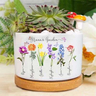Personalised Birth Month Flower Mini Plant Pot With Children's Names Love Gifts For Grandma Mum
