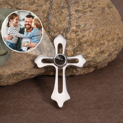Personalised Mens Hollow Cross Photo Projection Necklace with Picture Inside Gifts For Father Dad Grandpa Him