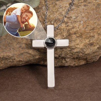 Personalised Mens Cross Memorial Photo Projection Necklace with Picture Inside Gifts For Father Dad Grandpa Boyfriend Him