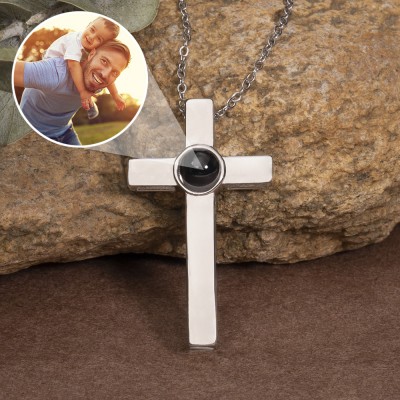 Personalised Mens Cross Memorial Photo Projection Necklace with Picture Inside Father's Day Gifts