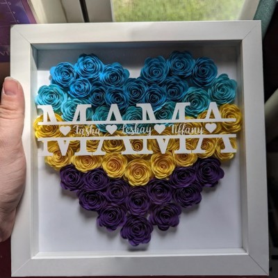 Personalised Heart Shaped Mama Flower Shadow Box with Kids Names Christmas Gifts for Mum Grandma