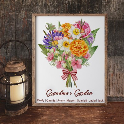 Personalised Grandma's Garden Art Print Birth Flowers Bouquet Frame With Kids Names Love Gift For Mum Grandma Mother's Day Gift
