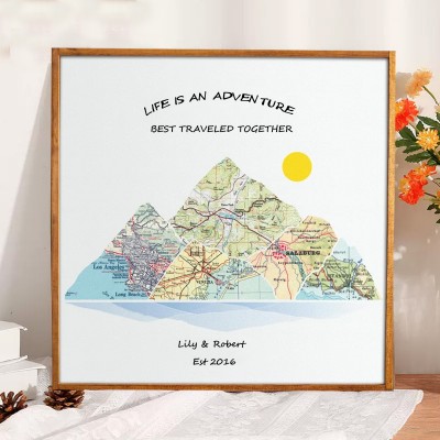 Custom Couples Travel Map Mountain Wall Art Anniversary Gifts for Husband Wife Couples Engagement Gifts