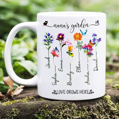 Personalised Nana's Garden Birth Flower Mug Engraved with Kids Names Unique Gifts for Grandma Mum