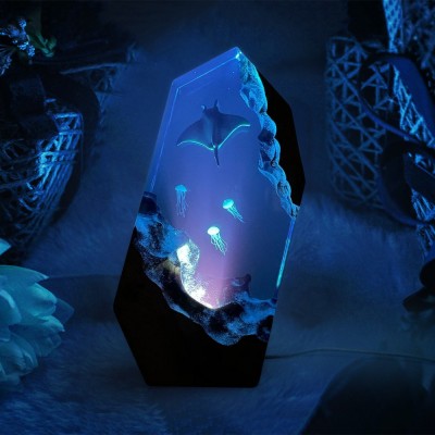 Manta Rays And Jellyfish Resin Night Light Blue Ocean Lamp Miniature