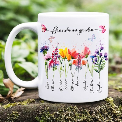 Personalised Grandma's Garden Birth Flower Mug with Kid Names Love Gift Ideas for Grandma Mum Unique Mother's Day Gift