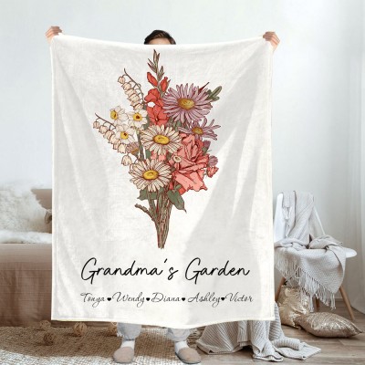Custom Grandma's Garden Birth Flower Bouquet Blanket With Grandkids Names Gift Ideas for Grandma Mum Mother's Day Gift