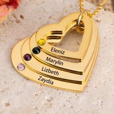 18K Gold Plating Personalised Heart Shaped Family Birthstone Necklace with Engraved 1-4 Names