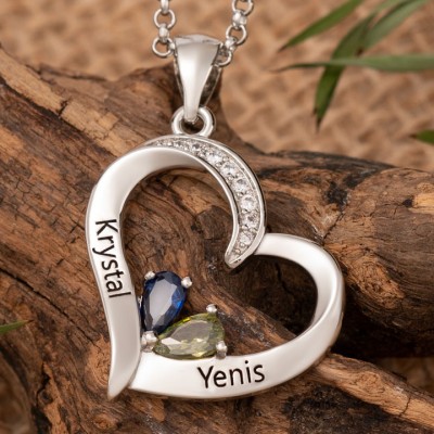 Personalised Heart Shaped Necklace with 2 Names and Birthstones Gifts for Her Anniversary Gifts Christmas Gifts